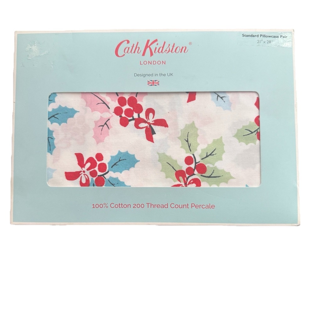 Cath Kidston London Christmas holly multi set‎ of 2 standard pillow cases